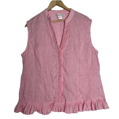 Top sin mangas TWEEDS Bubble Gum rosa 100 % lino con volantes dobladillo talla XL costero  Foto 1 de 4