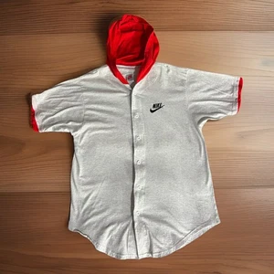 VTG Nike Hooded Button Up T Shirt XL Gray Short Sleeve 90’s Retro Made IN USA - Picture 1 of 8