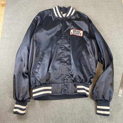VTG Bud Light Satin Bomber Jacket Mens Large Navy Blue Anheuser Busch Beer USA - Image 1 of 4