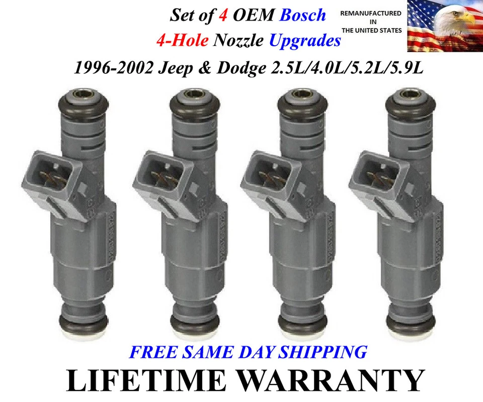 4 inyectores de combustible originales Bosch de 4 orificios para Jeep y Dodge 1996-2002 2,5/4,0/5,2/5,9 Foto 1 de 1