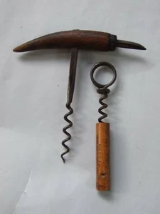 Antique 2 x  Oak Corkscrews w Spike  & Other USA Made w Print Advertising 1920's - Picture 1 of 12