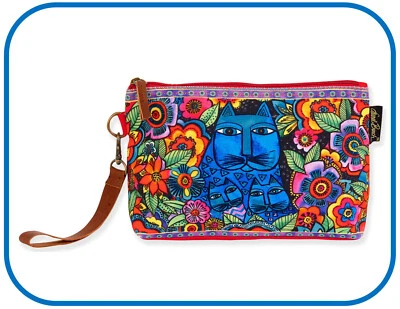 Laurel Burch #8515C "Blue Cat" Wristlet 9"x2.5"x6" Canvas~Zip~Leather Strap~ - Image 1 of 2