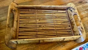 Tortoise Shell Bamboo Serving Tray Rattan Tropical Tiki Boho Handles Vintage - Picture 1 of 6