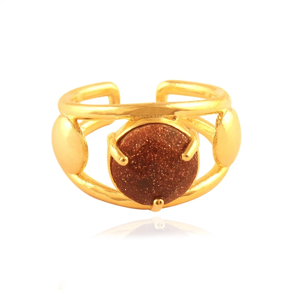 Red Sunstone Double Layer Band Gold Plated Prong Handmade Adjustable Chunky Ring - Image 1 of 4