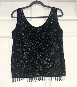 Vintage Black Beaded Round Neck Full Zip Tank Top Wool Made in Hong Kong Large - Picture 1 of 7