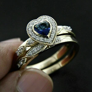 2.25 Ct Heart Cut Simulated Sapphire Halo Bridal Ring Set 14k Yellow Gold Plated - Picture 1 of 5