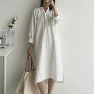 Dama Vestido Suelto Cuello Botón Manga 3/4 Pullover Túnica Bolsillo Verano Foto 1 de 4