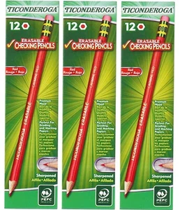 Ticonderoga Erasable Checking Pencils with Eraser Carmine Red Lead 3-Dozen - Picture 1 of 7