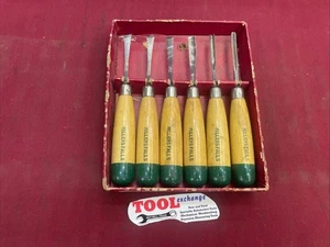 Vintage MILLERS FALLS 6-tlg. Schnitzwerkzeug Stechbeitel Set Nr. 106 mit Karton auf Deckel USA - Bild 1 von 4