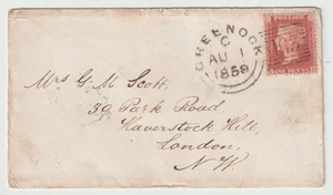 1859 GREENOCK EXPERIMENTAL DUPLEX TYPE II EX GOUROCK 1d TO MRS G M SCOTT LONDON - Picture 1 of 2