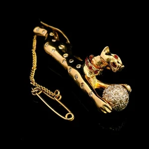Exquisite 18ct Yellow & White Gold Jaguar Brooch Diamond Ruby Set 61.5mm 13.9g - Picture 1 of 18