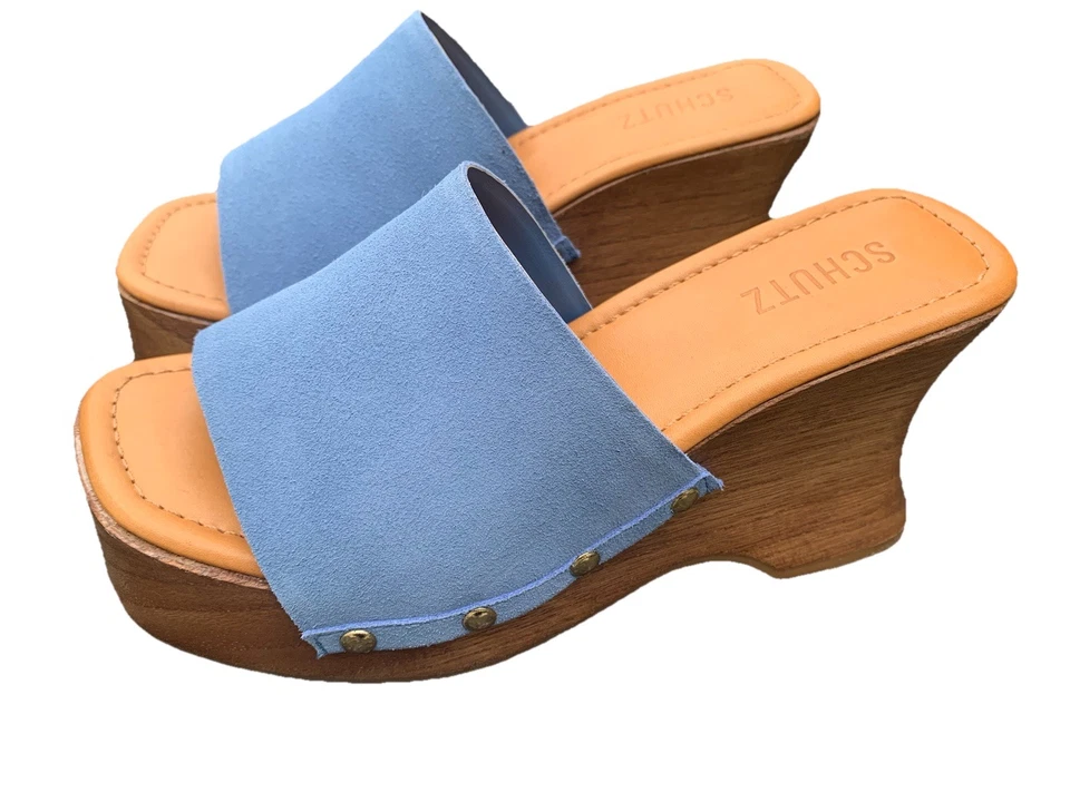 Sandálias tamanco salto cunha madeira camurça Schutz Lanneh azul bronzeado tamanho 8B - Imagem 1 de 1