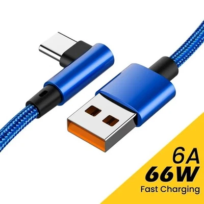 Cable de carga rápida USB-C de 66 W codo de 90 ° - azul - cable USB-A a USB-C trenzado de 3 m - Imagen 1 de 4
