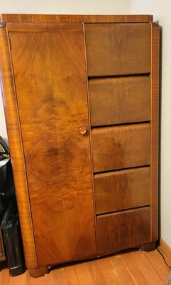 1930's  Art Deco Cedar Armoire Wardrobe Waterfall Drawers - Image 1 of 3