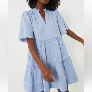 Tuckernuck Blue Chambray Linen Blend Crawford Mini Ruffle Dress Sz Small Preppy  - Picture 1 of 4