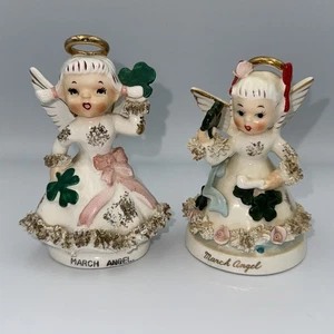 Vtg NAPCO LEFTON March Angel Girl Figurines Birthday Month Spaghetti Shamrock - Picture 1 of 17