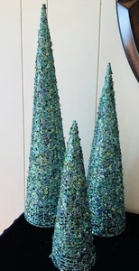 Lot 3 Green Glittered / Sequined Sparkling Mesh Christmas Topiary Cone Tree NIB - Bild 1 von 7