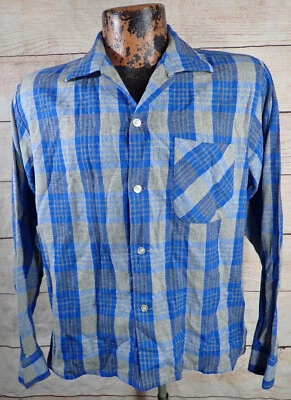 Rare Vtg Flannel Shirt Mens Medium Blue Gray Plaid Wool Blend 60s Rockabilly MCM - Image 1 of 4