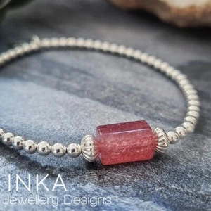 Sterling Silver Stretch 925 bead Bracelet with Strawberry QUARTZ Bead by INKA - Picture 1 of 8