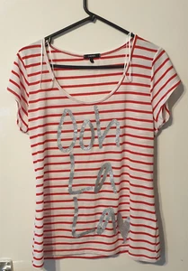 PAPAYA T-SHIRT WOMENS SIZE 16 STRIPED WHITE & RED Short Sleeve GLITTER LOGO - Picture 1 of 6
