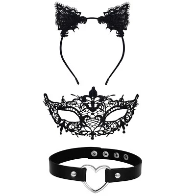 Women's Cat Costume Accessories Mask Lace Heart Choker Necklace Tail Party Set - Image 1 of 4