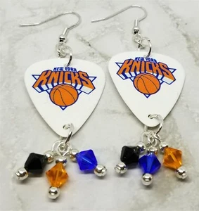 NBA New York Knicks Guitar Pick Earrings with Swarovski Crystal Dangles - Picture 1 of 4