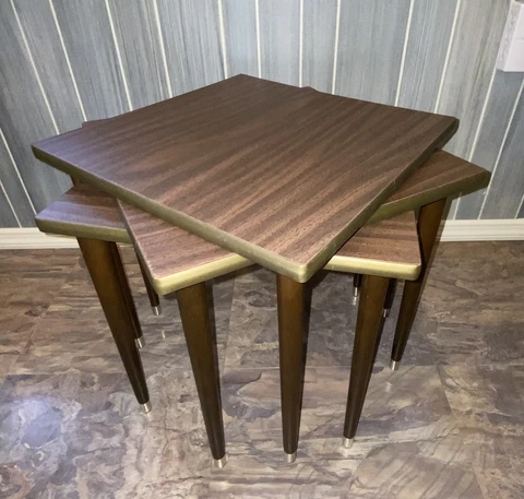 Vtg Set 3 NESTING Stacking TABLES Faux Wood Formica Tapered Wood Legs RETRO MCM Cover