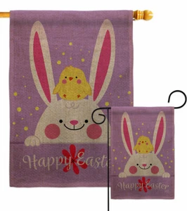 Bandera de jardín con arpillera de pollito conejito primavera Pascua regalo decorativo patio pancarta - Imagen 1 de 19