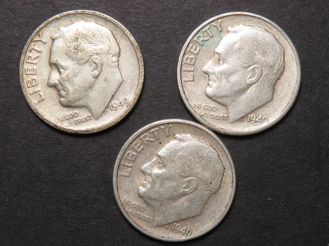 Three 1949-S Roosevelt Dimes Cover