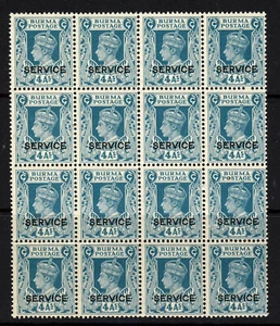 FUNCIONARIOS DE BIRMANIA KG VI 1939 4 como verde-azul embalaje original BLOQUE DE SERVICIO DE 16 SG O22 MNH - Imagen 1 de 2