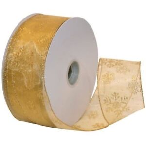 Gold Sparkle Snowflake on Sheer Wide Wired Ribbon 50 yd NEW christmas holiday