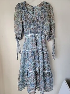 Vintage Smocked Waist Floral Dress Blue Tiered Ribbon Fairy Hippie Cottage Core - Picture 1 of 13