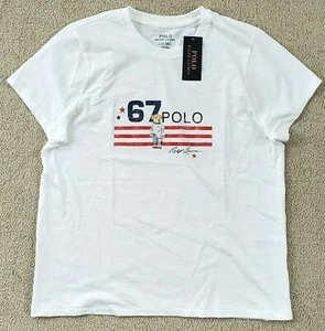 Polo Ralph Lauren Damen T-Shirt POLO 67 Bear USA Flag Weiß Tee M Neu - Bild 1 von 8