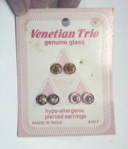 Vintage 3 Prs of Venetian Millefiori Glass Pierced Earrings- Still on Card - Picture 1 of 4