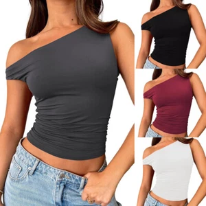 Womens Off The Shoulder Tops Sleeveless Shirts Pullover Crop Tank Tops Slim Fit - Picture 1 of 14