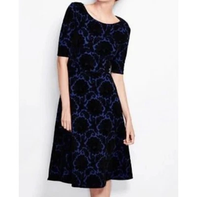 Lands End 蓝色黑色天鹅绒绒花合身喇叭针织迷笛连衣裙,尺寸 1X — 第 1/4 张图片