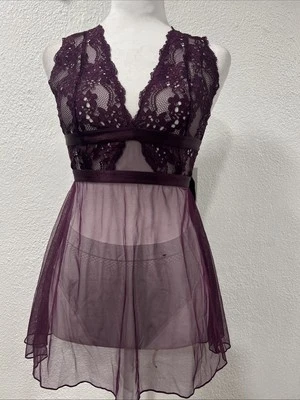 Oh La La Cheri Paris Lace/Mesh S/M Lingerie Babydoll Purple 2 Piece - Image 1 of 4
