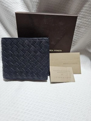Cartera Bottega Veneta Intrecciato Unisex Doble Pliegue Cuero Azul Marino Hecha en Italia Foto 1 de 4