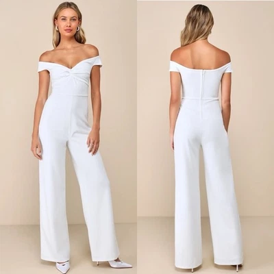 NWT Lulu’s Stunning Existence White Off-the-Shoulder Knot-Front Jumpsuit Medium - Image 1 of 4