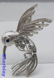 VTG Humming Bird Shape Silver Tone Hummingbird Blue Eye Rhinestones Brooch Pin - Picture 1 of 10