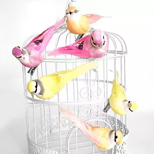 6x Dekovögel mit Clip Dekokäfige Zweige Hochzeit rosa, apricot & gelb Tischdeko - Bild 1 von 1