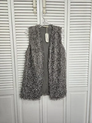 Mystree Silver Shiny Gray Cardigan Vest with Pockets Women's Size Medium NEW Foto 1 de 4
