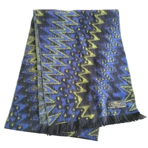 100% Cashmere Scarf Germany Hand Tailored Zig Zag Pattern Blue Yellow Vintage - Afbeelding 1 van 4
