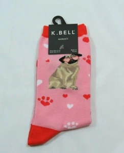  Women's Pug Dog Pink Crew K Bell High Cotton Blend Socks Size 9-11 Valentine - Picture 1 of 4