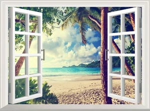 Adesivo murale vista finestra effetto 3D spiaggia Seychelles decalcomania poster vinile arte murale - Foto 1 di 5