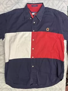 Vintage Tommy Hilfiger Bandera Grande Bloque de Color Años 90 Y2K Logo Para Hombre’s Abotonada LG - Imagen 1 de 7