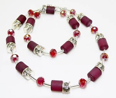 Halskette POLARIS Walzen dunkelrot Glas Rondelle facettiert weinrot Straß 008e - Bild 1 von 4