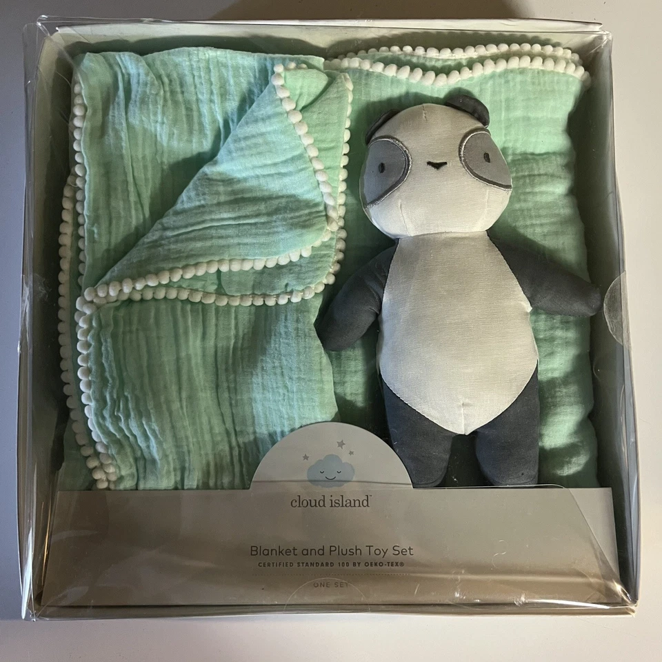 Cloud Island Baby Gift Set Muslin MINT Green Blanket & Plush Gray Panda Bear