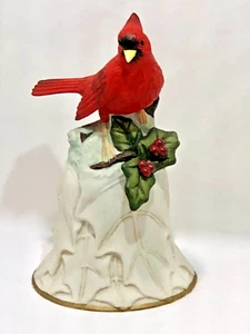 Avon Collectible  Bell 2000  Cardinal Porcelain Bird Figurine Embossed Holly - Picture 1 of 8