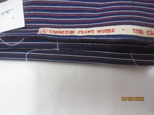 27 x 58 " Vintage Cranston Red on Blue Stripes Cotton Quilt Fabric - Picture 1 of 2